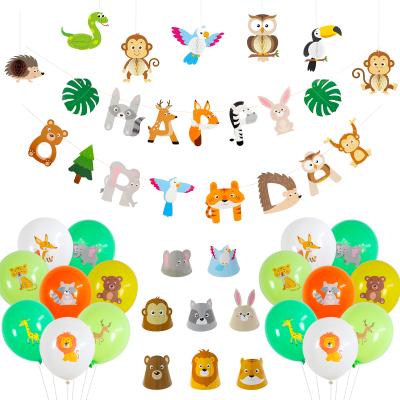 China Umiss Disposable Paper Jungle Animal Happy Birthday Banner, Honeycomb Balls, Customized Latex Balloons For Kids Party Baby Shower Supplies for sale