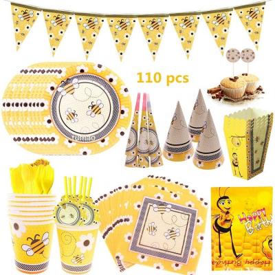 China 110pcs Bee Umiss Disposable Tableware Set Happy Birthday Paper Suppliers for Baby Shower Birthday Party Kits for sale