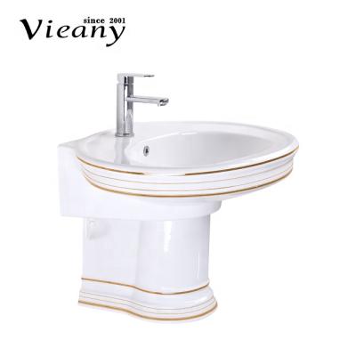 China Craftsman Vieany brand luxury gold pedestal half washbasin, wall-hung basin suitable for hotel villa apartment for sale