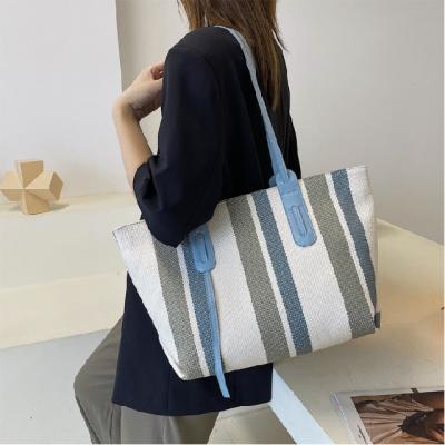 China 2021 New Fashion Women's Canvas Tote Bag Women Shoulder Bag Vertical Stripes Portable PU Handbags for sale