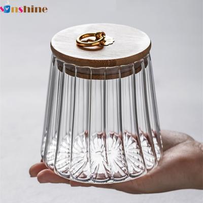 China Sinshine Stored Coffee Bean Dried Fruit Storage Tank Striped Glass Tea Sealed Jar With Bamboo Lid for sale