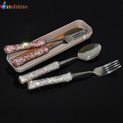 China Sinshine Crystal Diamond Portable Stainless Steel Spoon Fork Set Viable Custom Rhinestone Flatware for sale