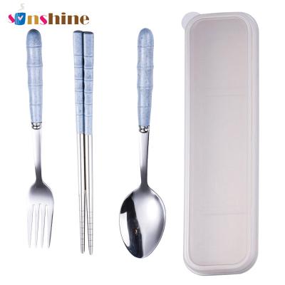 China Sinshine Steel Sustainable High Quality Wheat Straw Stainless Japan Style Portable Fork Chopsticks Spoon Tableware Set Of Three Sets for sale