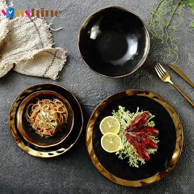 China Sinshine Salad Bowl Breakfast Dish Home Viable European Light Luxury Gold Plated Ceramic Western Dinner Dish for sale