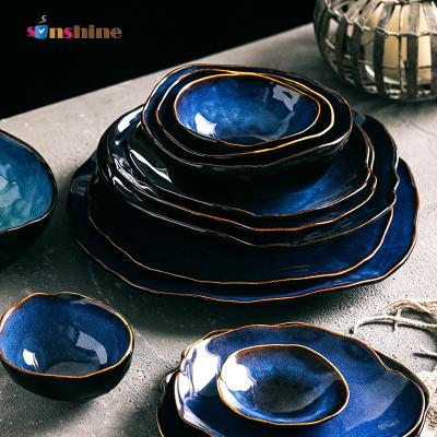 China Logo Viable Luster Customer Sinshine Japanese Style Rice Bowls and Creative Irregular Healthy Ceramic Dish Gift Set for sale