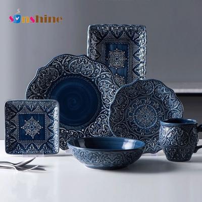 China Sinshine Baroco Style Household Tableware Viable Creative Petal Bowl Dish Retro Ceramic Dishware Set Blue for sale