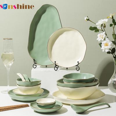 China Sinshine 4pcs 22pcs Sustainable Luxury Irregular Dinnerware Set Bowl Green Ceramic Soup Dish Set For Dailyuse for sale