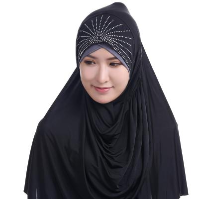 China Wholesale muslim islamic hijab silk hot piercing faux stone women clothing polyester hijab khimar for sale