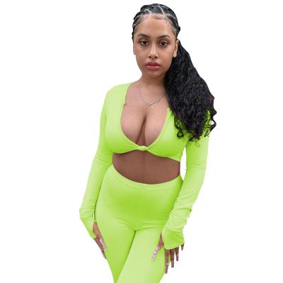 China 2021 Women's Breathable Sports Stretchy Twist Crop Tops Solid Color Skinny Outfits Women Yoga Sets Pants Two Piece Set for sale