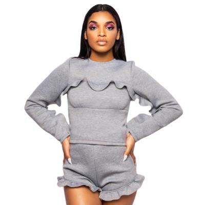 China New Arrival Autumn Viable Women Team Girls Crop High Top Waist 2 Piece Set Pull Over Sweatshirt Ruffles Short Set for sale