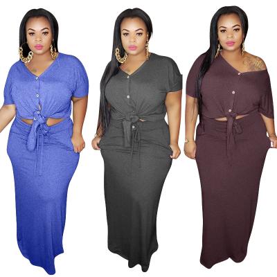 China Plus Size 2021 Fall Solid Colors Plus Size Lady 2 Piece Outfit 5XL Casual Loose Fit Blouse And Dress Set Plus Size 2 Piece Set for sale