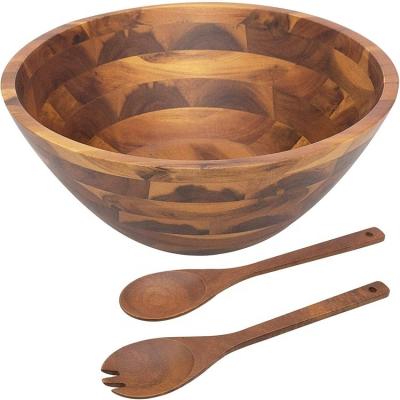 China Wholesale 12inch Tall Sustainable Acacia Wooden Bowl Acacia Wooden Fruit Salad Serving Bowls With Spoon And Fork for sale