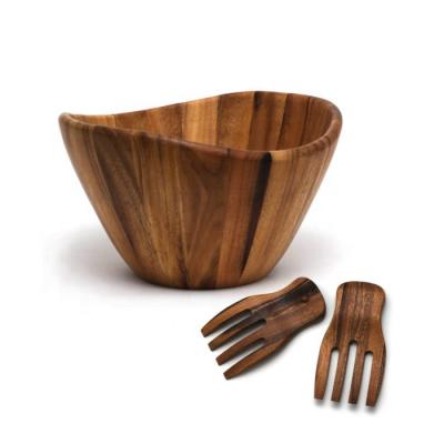 China Eco Friendly Sustainable Kitchen Wholesale Acacia Wood Salad Bowl Set With Dinnerware Fork Spoon Set for sale