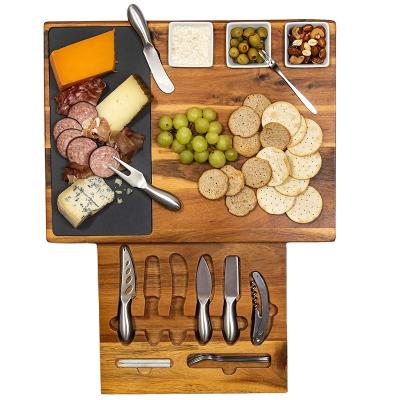 China Viable Acacia Charcuterie Wood 2021 Tray and Meat and Cheese Serving Panel with Knives for sale