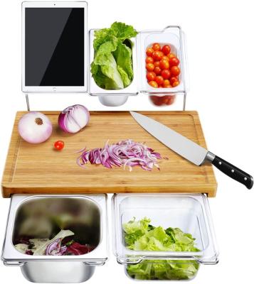 China Viable Wholesale Bamboo Cutting Board with Containers Chopper with Juice Groove for Meat Fruits and Vegetables for sale