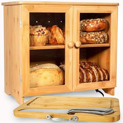 China Natural Sustainable Premium Bamboo Bread Box Wooden Food Storage Box with Bamboo Cutting Board and Knife Set for Kitchen for sale