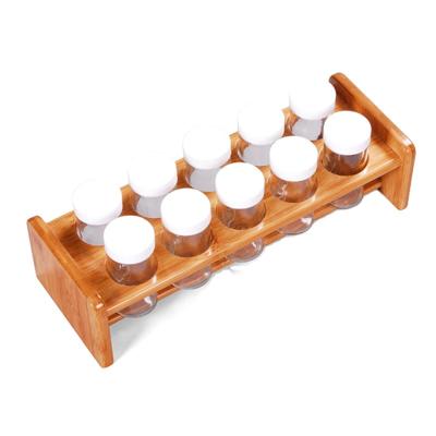 China Wholesale Sustainable Kitchen Wall Bamboo Spice Rack with 10 Glass Jars Spice Storage Organizer for sale