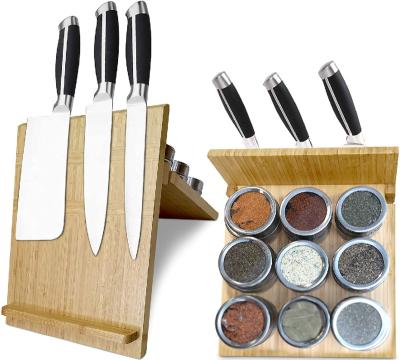 China Viable Multifunctional Natural Bamboo Magnetic Knife Block With Magnetic Spice Holder 9 Stainless Spice Holder Containers for sale