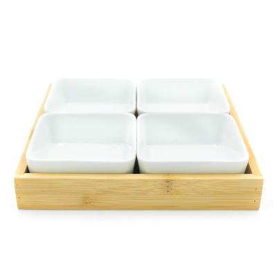 China Sustainable Bamboo Serving Tray with 4 Pieces Ceramic Dish Garnish Sauce for Kitchen and Restaurant for sale