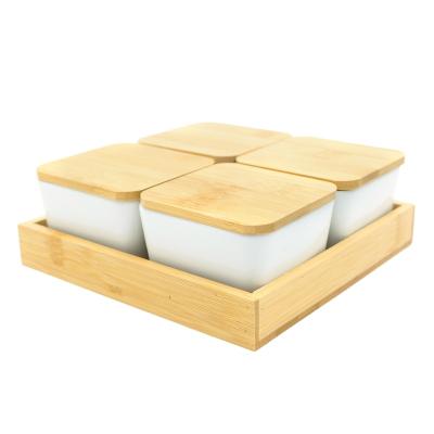 China Sustainable New Arrival Ceramic Dishes Seasoning Dinnerware Bowls Set With Bamboo Tray for sale