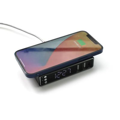 China New Mobile Phone Alarm Clock Temperature Digital Display Desktop Wireless Charger With USB Charging for sale