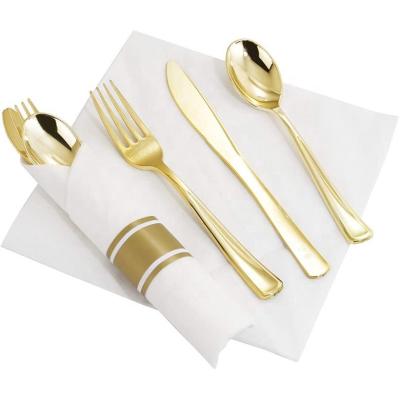 China Disposable Luxury Pre Rolled Napkins With Gold Plastic Cutlery Set Disposable Cutlery Set For Party And Wedding for sale