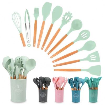 China 12 PCS Wooden Non-Stick Handle Silicone Kitchen Utensils Food Grade Spoon Viable Kitchen Utensils Set Silicone Cookware Spatula for sale