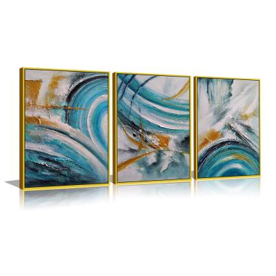 China Modern Blue Abstract Oil Painting 3 Pieces Handmade Wall Art Framed Canvas For Home Decoration for sale