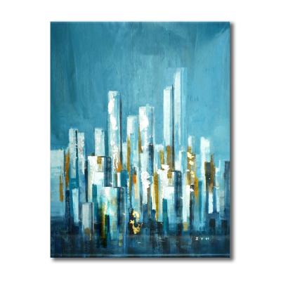 China Waterproof+ECO-Friendly Teal Blue Wall Painting Art Work City Landscape Abstract Oil Painting Canvas Art For Hotel Bedroom for sale