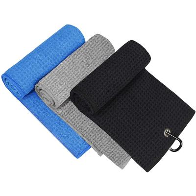 China Sustainable Triple Golf Towels For Golf Bags With Staple Microfiber Fabric Premium Waffle Pattern With Heavy Duty Carabiner Staple Embroidered for sale