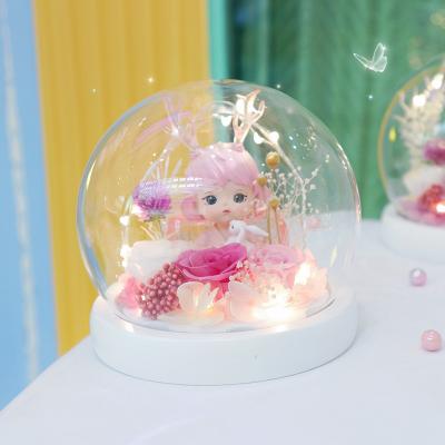 China Home Decoration Handmade Spherical Glass Dome Cover Preserved Roses Flowers Souvenir Night Lucky Cat Lights for sale