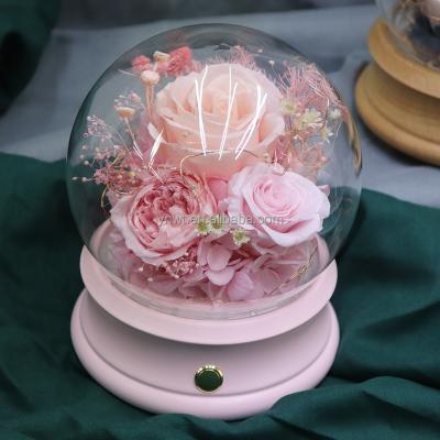 China Natural Fresh Rose With Natural Stem Preserved Flower Rose Music Box Japan DIY Wedding Round Music Box Led Light Music Box for sale