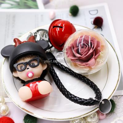 China Romantics Fashion Preserved Flower Rose Flower Fur Ball Fresh Preserved Flower Leather Key Chain for sale