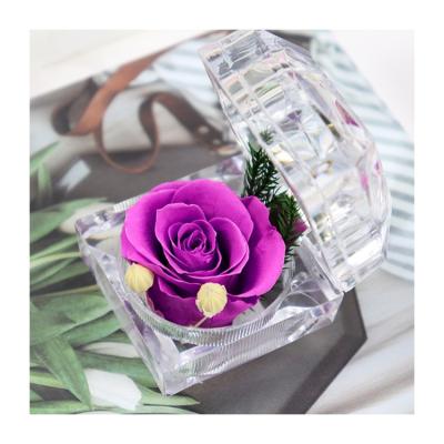 China Gift Handmade Preserved Flower Rose with Acrylic Crystal Ring Box for Proposal Engagement for sale