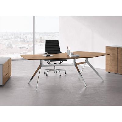 China Exquisite commercial furniture workmanship wood veneer table top brushed stainless steel leg minimalist custom modern executive desk for sale