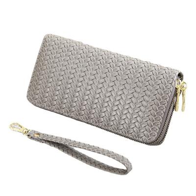 China RU Wallet Wholesale Multi-Card Woven Large Capacity Clutch Waterproof Women's Double Wristlet Long Leather Wallet Zipper for sale