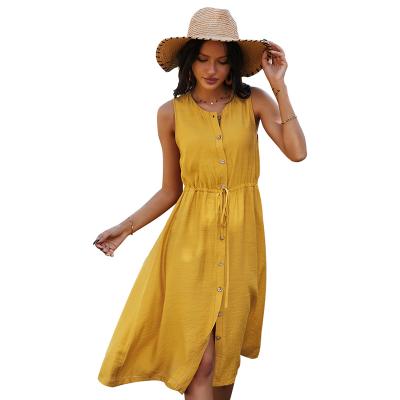 China Anti-Static New Arrival Sexy New O Neck Buttons Floralong Dresses Summer Casual Solid Sleeveless Maxi Dress for sale