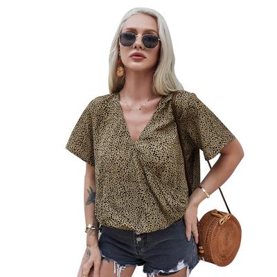 China Anti-Wrinkle Spring V-Neck Dot Print Woman Tops Summer Casual Shirt Short Sleeve Blouse For Ladies for sale