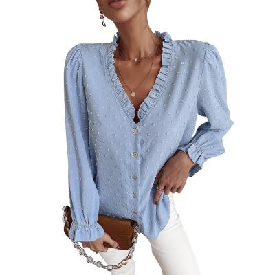 China 2022 Anti-wrinkle ladies sheath long sexy loose tops blouses solid color lace shirts deep V blouses casual shirts women's clothing for sale