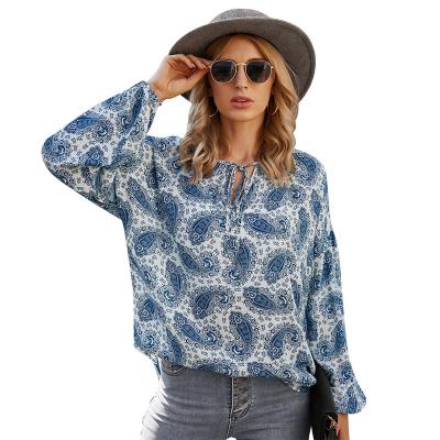 China 2021 Spring Summer Women Boho Crop Anti-wrinkle Full Print Blouse Women Beach Elegant V-neck Tie Sexy Blouses Tops for sale