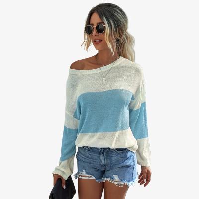 China 2021 breathable hot sale autumn and winter fashion stitching loose round neck women's casual thin knitted sweater long sleeve sweater for sale