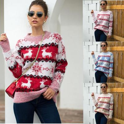 China 2021 New Arrival Breathable Christmas Red Reindeer Snowflake Fleece Jacquard Red Printing Sweater For Women for sale