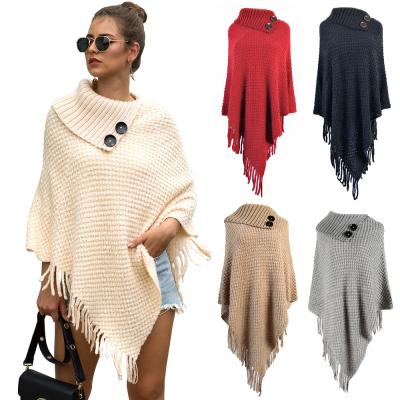 China 2021 Women Fashion Anti-Wrinkle Women Fashion Tassel Turn-Down Collar Poncho Cape Shawls Batwing Knit Loose Sweater Coat With Button for sale