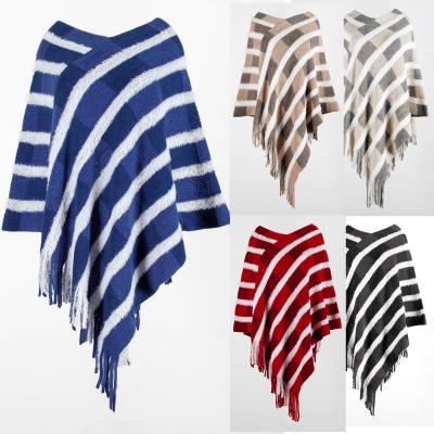 China New Arrival Women Anti-wrinkle Hide Loose Spring Fringed Shawl Sweater Knit Tassel Plaid Poncho Spring Sweater for sale