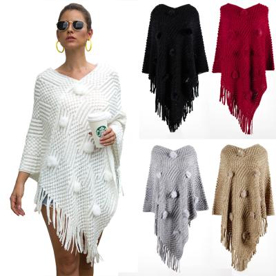 China Anti-Wrinkle Off The Shoulder Sweaters Streetwear Tassel Fringe Cape Shaw Hair Ball Solid Color Sweater for sale