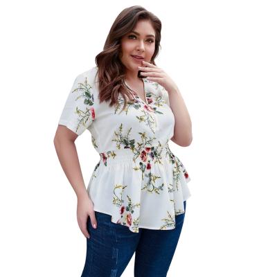 China 2021 QUICK DRY new Hot-selling summer v-neck floral plus size chiffon blouse for women for sale