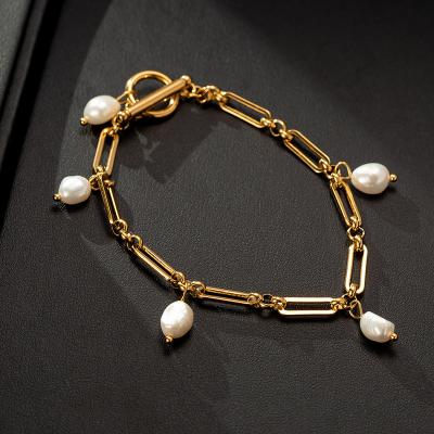 China FASHIONABLE High Quality Gold Plated Stainless Steel Ot Stick Buckle Bracelet Chain Freshwater Pearl For Bracelets Women for sale