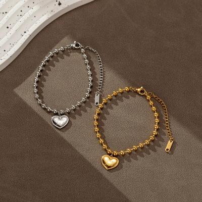 China TRENDY Stylish Custom Heart Shape Geometric Heart Charm Beaded Bracelet Women Gold Plated Stainless Steel Bracelet for sale