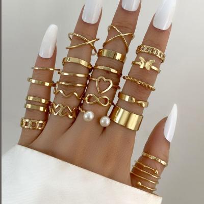 China Minimalist Gold Plated Female Antique Silver Oil Ring Jewelry Drip Snake Chi Ring Set Hollow Love Butterfly Ring Set Pearl Gold Tai for sale