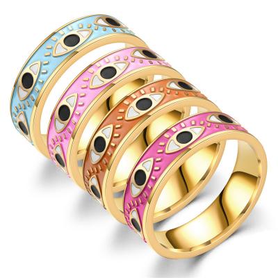 China Minimalist Colorful Enamel Rainbow Pastel Gold Plated Devil's Eye Rings Stainless steelEvil Eyes Rings For Ladies Women for sale